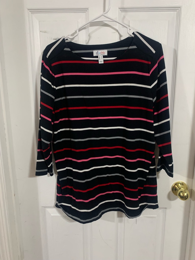 Denim&Co Navy Striped Top With Pink, Red & White Stripes